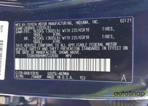 2021 Toyota Highlander Xle из США, поврежденный, VIN 5TDHZRBH9MS532690